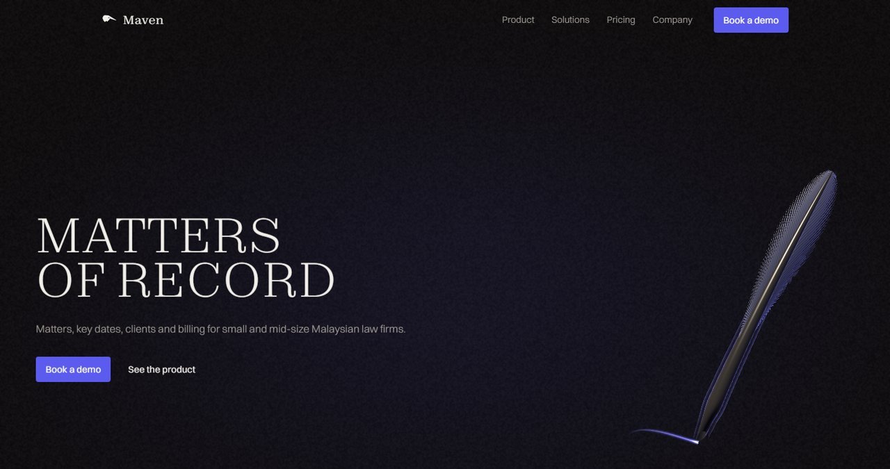 The Maven by Kelabu landing page, headed Matters of Record, describing matters, key dates, clients and billing for small and mid-size Malaysian law firms.